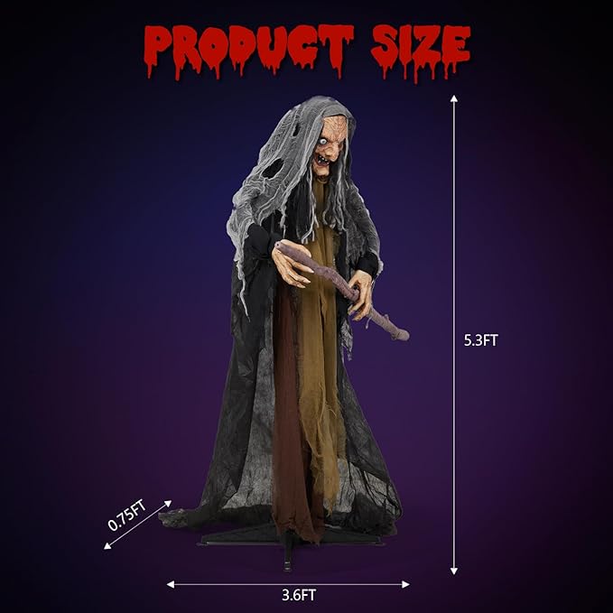 AW Animated Halloween Decorations,Scary Witch with Crutch,5.3FT Life Size Standing Clown,Motion/Sound Activated LED Eyes Creepy Sound,Haunted House Props Party Outdoor Indoor Lawn Yard Patio 2025-Ruum Studio Home