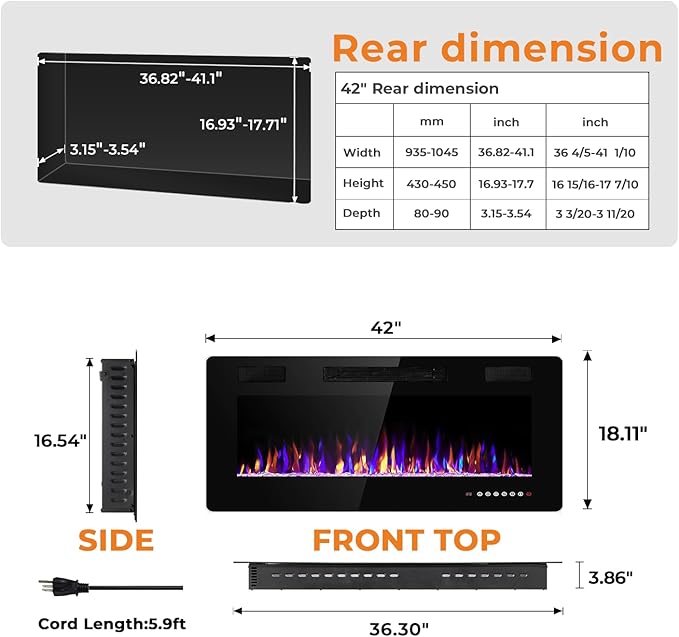 Antarctic Star 42 Inch Electric Fireplace in-Wall Recessed and Wall Mounted, Fireplace Heater and Linear Fireplace with Multicolor Flame, Timer, 750/1500W Control by Touch Panel & Remote-Ruum Studio Home