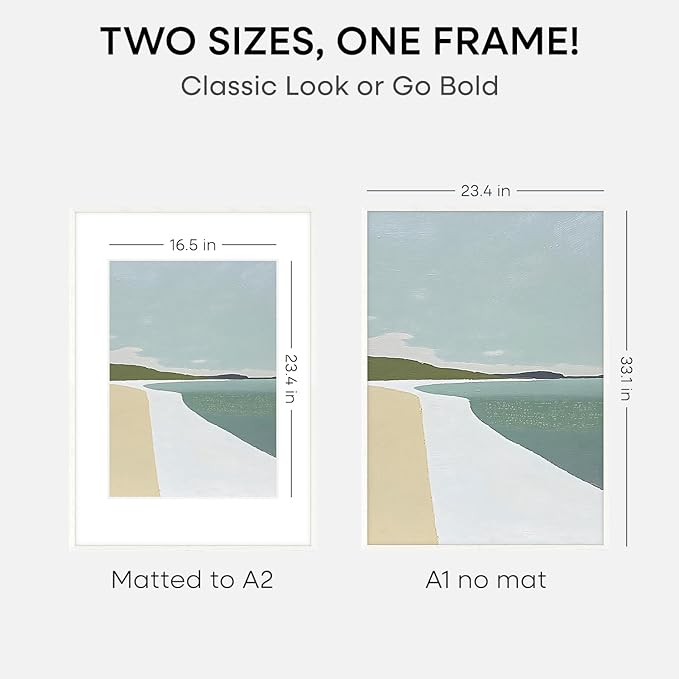 Homeforia A1 Frame White Wood, High End Oak 23.4 x 33.1 White Wooden Poster Frames Matted to 16.5 by 23.4 inches Photo, A1 Size Large Wood Picture Frame with Mat A2, Tempered Glass, Wall Kit, Set of 1-Ruum Studio Home
