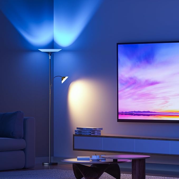 RGB Torchiere Floor Lamp - 2 Way Dimmable LED Standing Lamp with Remote&Button Control, 34W Rotatable Floor Reading Light, 72'' Tall Modern Corner Lamp for Living Room Bedroom Office, Black-Ruum Studio Home