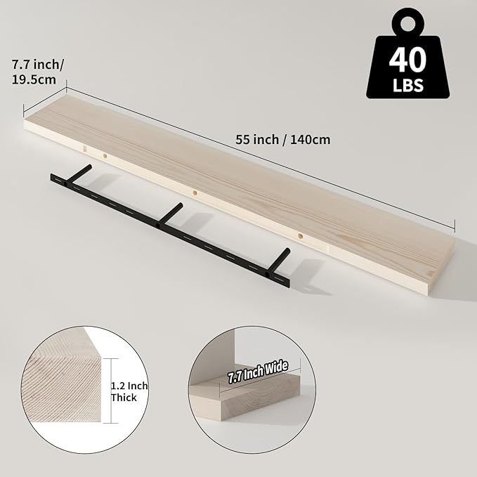 SAUMONIERES Floating Shelves 8 Inch Deep Solid Wood Wide Wall Shelf Set of 1 Wall Mounted for Bedroom Bathroom Living Room Kitchen, 55 Inch Natural-Ruum Studio Home