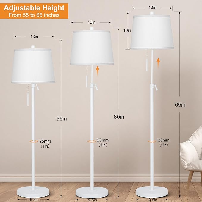 White Floor Lamp for Living Room 55-65" Adjustable Height Modern Standing Lamp with Pull Chain Tall Pole Light with White Shade for Bedroom Reading Office Corner Nursery 9W LED Bulb Included 3 Color-Ruum Studio Home