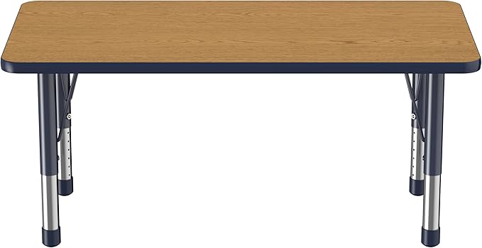 Factory Direct Partners FDP Rectangle Activity School and Kids Classroom Table (24 x 48 inch), Toddler Legs, Adjustable Height 15-24 inches - Oak Top and Navy Edge-Ruum Studio Home
