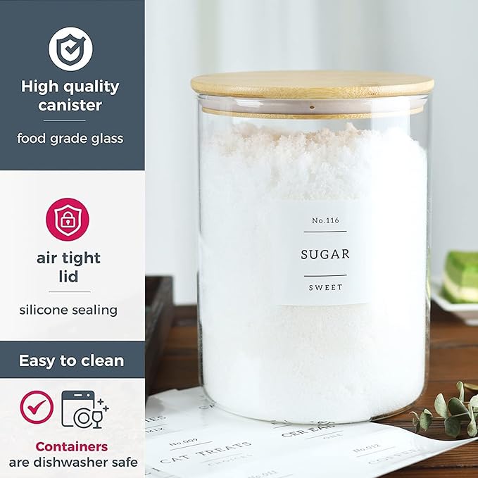 Large Glass Flour and Sugar Containers Jars with Bamboo Airtight Lid - 100 Fl Oz (3000ml) with Kitchen 42 Pantry Labels for Dry Food, Flour, Pasta, Cereal-Ruum Studio Home