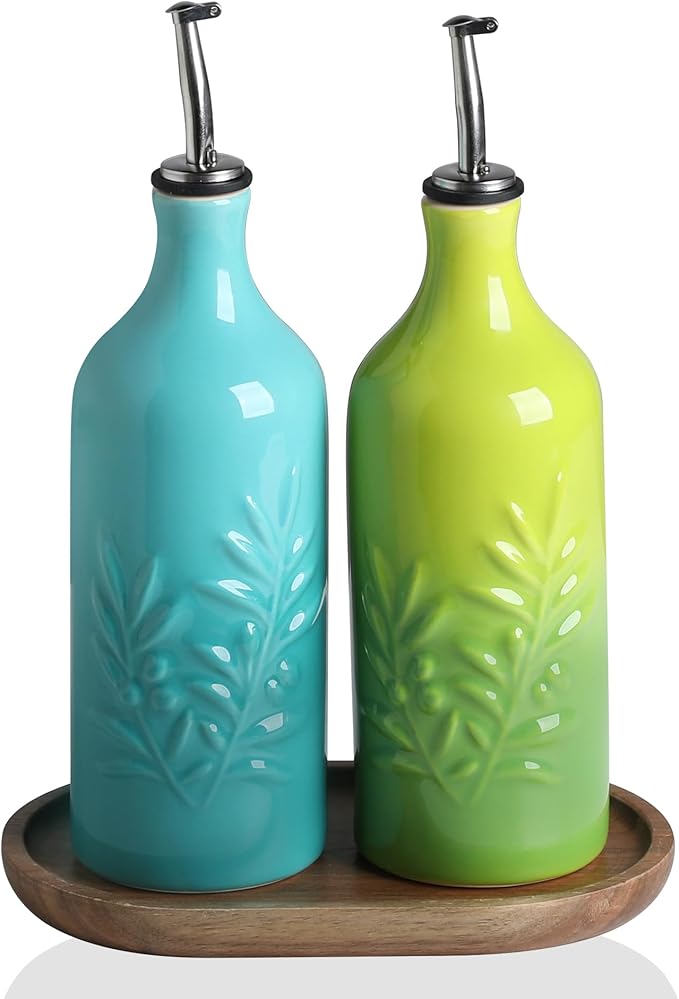Sweejar Ceramic Olive Oil Dispenser Bottle, 20 Oz Relief Opaque Oil Cruet Protects To Reduce Oxidation, Suitable for Storage, Vinegar, Soy Sauce,Liquids,Set of 2 (Gradient Blue Gradient Green)-Ruum Studio Home