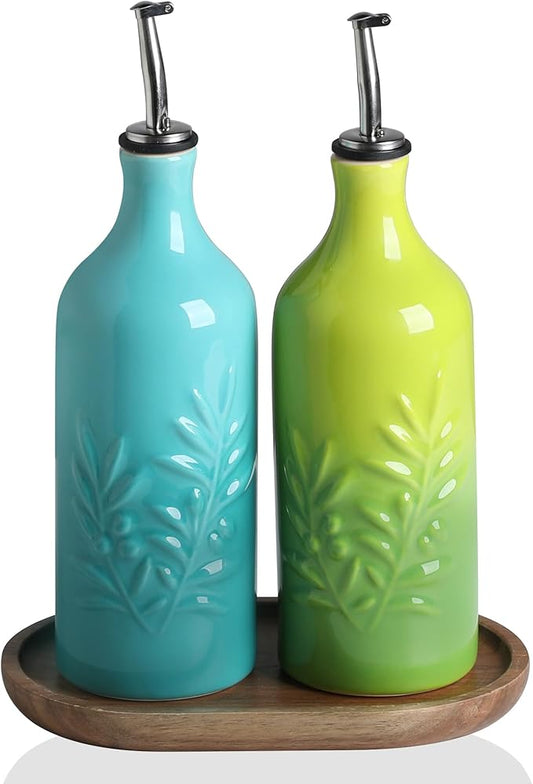 Sweejar Ceramic Olive Oil Dispenser Bottle, 20 Oz Relief Opaque Oil Cruet Protects To Reduce Oxidation, Suitable for Storage, Vinegar, Soy Sauce,Liquids,Set of 2 (Gradient Blue Gradient Green)-Ruum Studio Home