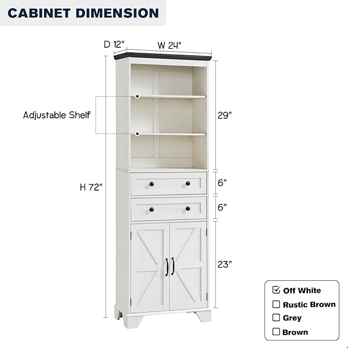 72" Tall Bathroom Storage Cabinet, Farmhouse Storage Cabinet with 2 Drawers, Adjustable Shelves & Barn Door, Cabinet for Bathroom, Living Room, Kitchen, Off White-Ruum Studio Home