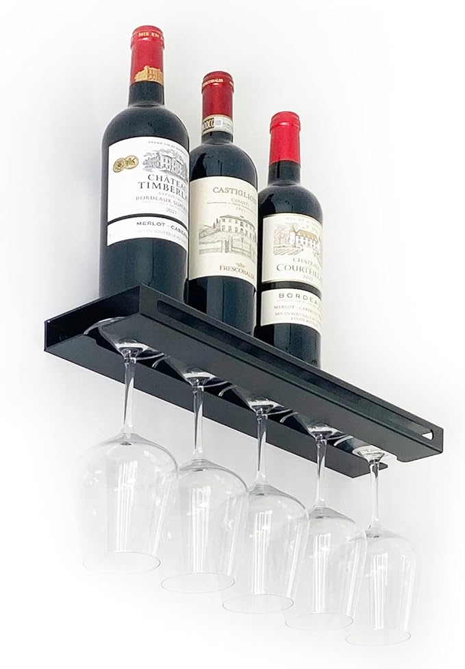 Wall Mounted Wine Rack – Metal Floating Bar Shelf with Bottle and Glass Holder, Holds 5 Bottles and 4-6 Glasses-Ruum Studio Home