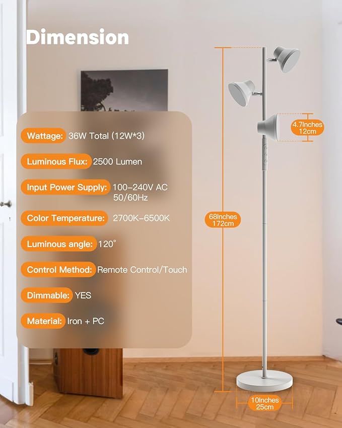 LED Tree Floor Lamp Silver, 36W Super Bright Standing Lamp with Remote Control, 4 Color Temperatures, 3 Rotatable LED Lights, Dimmable Floor Lamps for Living Room, Bedroom, Office-Ruum Studio Home