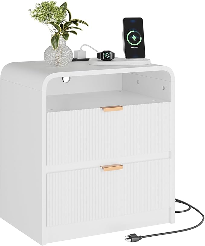 FURSUN 24" Fluted Nightstand with Charging Station, Wooden End Table with 2 Drawers Storage, Curved Profile Design, Modern Bedside Cabinet for Bedroom Living Room, White-Ruum Studio Home