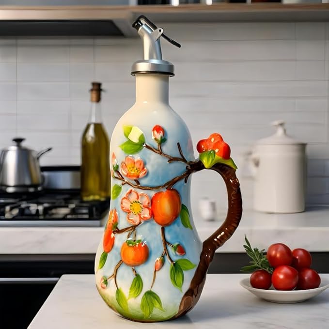18.26oz/540ml Ceramics Olive Oil Dispenser Bottle,Hand Painted Reliefs Oil Dispenser for Kitchen,Oil Bottles for Kitchen (Persimmon)-Ruum Studio Home