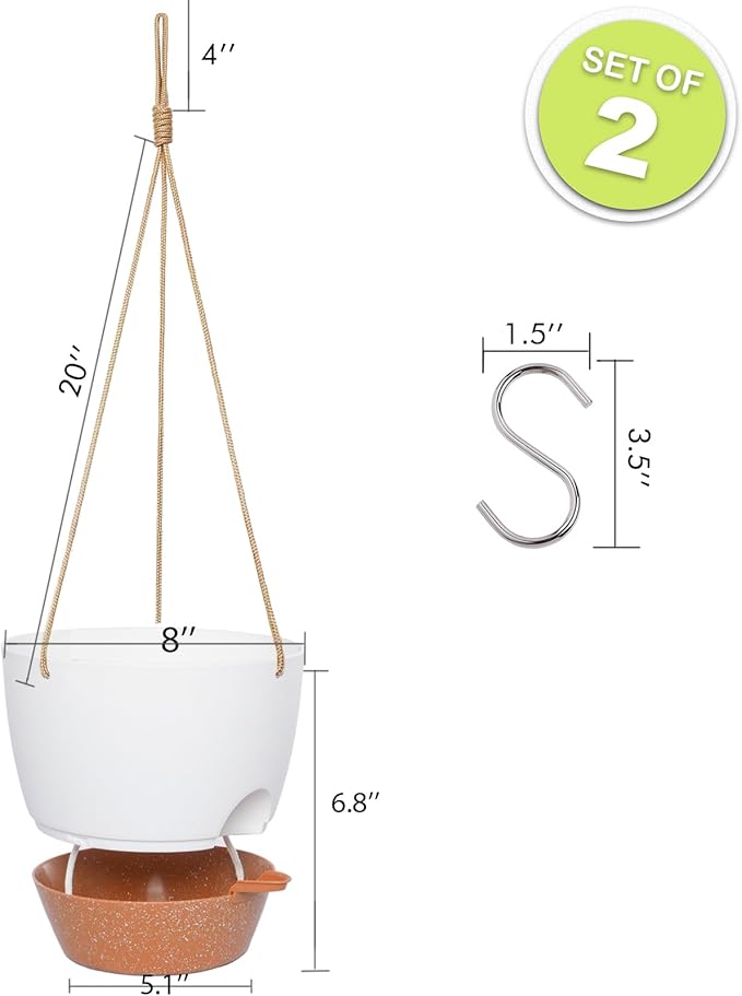 8 inch Hanging Planters, 2 Pack Self Watering Hanging Pots with 20oZ Deep Reservoir for Indoor Outdoor Plants Flowers, White with Brown-Ruum Studio Home