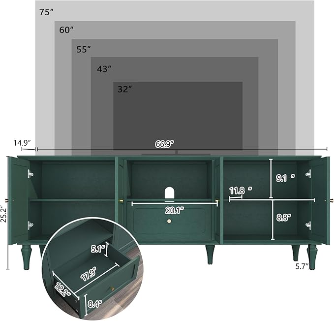 ARTPOWER 67'' Mid-Century Modern TV Stand with Storage Drawer and Doors, Long TV Stand with Adjustable Shelves for 75 Inch TV for Living Room, Bedroom, Green-Ruum Studio Home