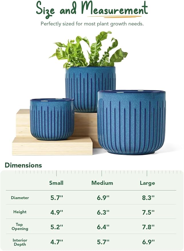 LE TAUCI Fluted Ceramic Planters Set of 3 – 8.3/7 / 5.7 in Ocean Blue Reactive Cylinder Indoor Plant Pots with Drainage Plug & Mesh, Glossy Stoneware Flower Pots for Succulents Herbs-Ruum Studio Home
