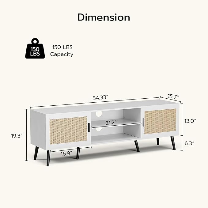 TV Stand for TVs up to 65'', Mid Century Modern Entertainment Center with Rattan Door, Shelves & 2 Cabinets, Boho Media TV Console for Living Room, Bedroom, White-Ruum Studio Home