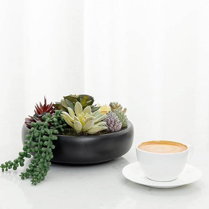 MyGift 8-Inch Artificial Succulent Plant Arrangement, Assorted Fake Plants in Modern Black Round Concrete Planter Bowl-Ruum Studio Home