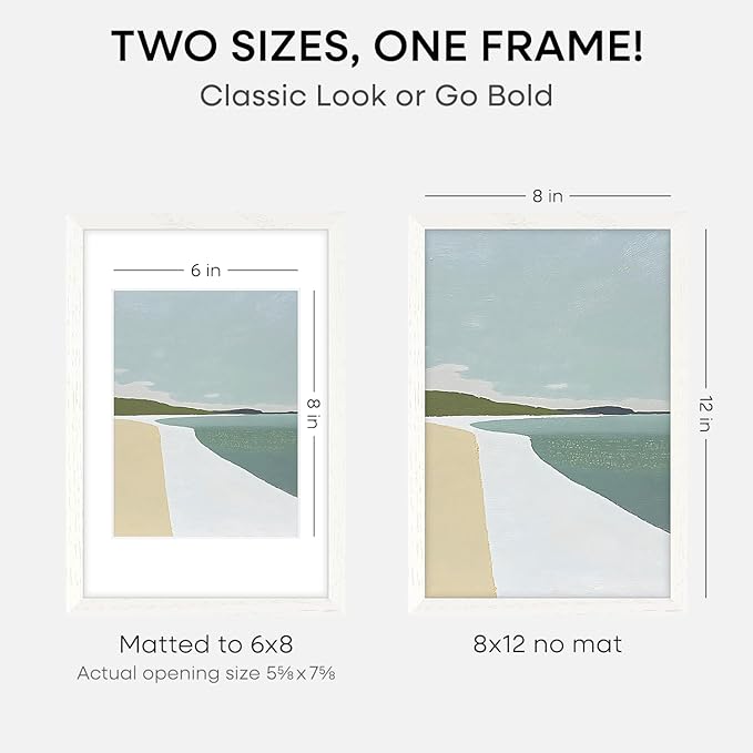 Homeforia 8x12 Picture Frame White, High End Oak 8 x 12 Wood Frames with Mat 6 by 8 Print, 8by12 Wooden Frame Matted to 6x8 inch Photo, 12x8 Wall or Tabletop Frames, Tempered Glass, Wall Kit, Set of 1-Ruum Studio Home