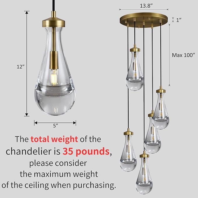 Gold 5 Light Cluster Pendant Lighting, Raindrop Chandeliers Brass Dining Room Lights Fixture, Teardrop Pendant Lights Kitchen Island, Hanging Lamp Ceiling for Entryway Foyer Staircase-Ruum Studio Home