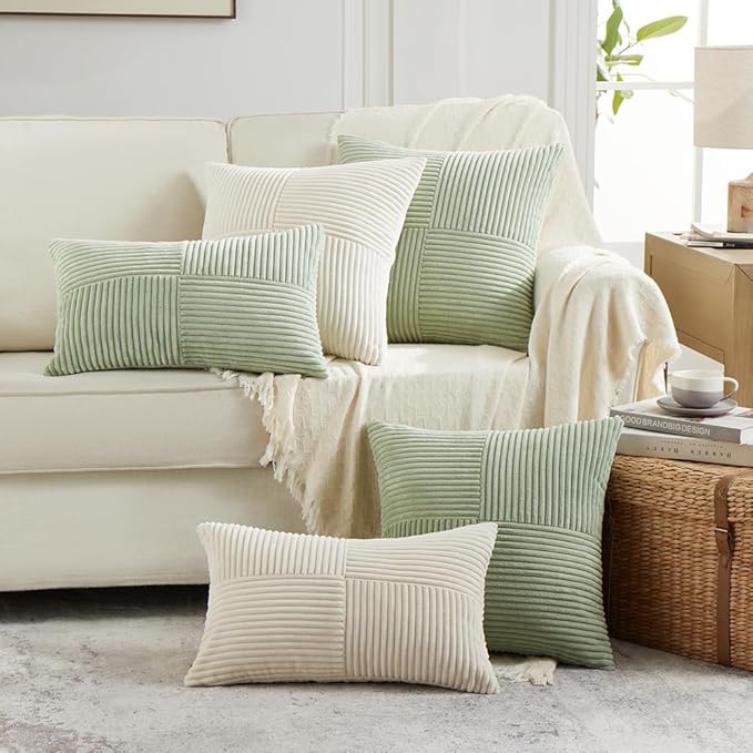 Fancy Homi 2 Packs Cream Lumbar Decorative Throw Pillow Covers 12x20 Inch for Living Room Couch Bed Sofa, Rustic Farmhouse Boho Home Decor, Soft Striped Corduroy Rectangle Accent Cushion Case 30x50 cm-Ruum Studio Home