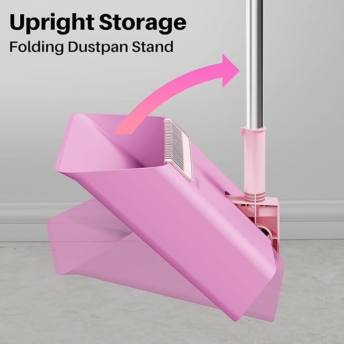 JOYMOOP Pink Broom and Dustpan Set, Upright Angle with Built-in Comb Teeth for Kitchen, Lobby, Pet Hair and Hard Floors-Ruum Studio Home