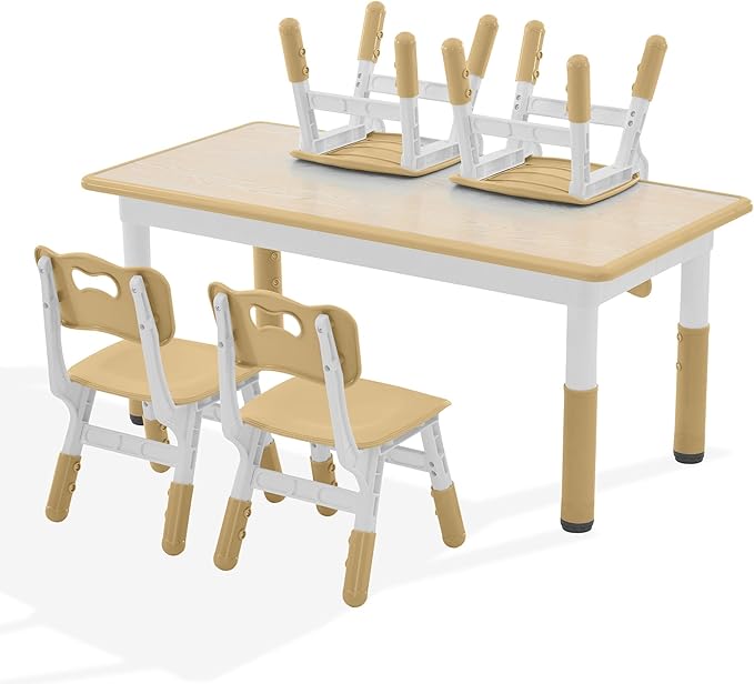 Kids Study Table and Chairs Set, Height Adjustable Toddler Table and Chair Set for Kids Ages 3-8, Graffiti Desktop (Wooden Brown)-Ruum Studio Home