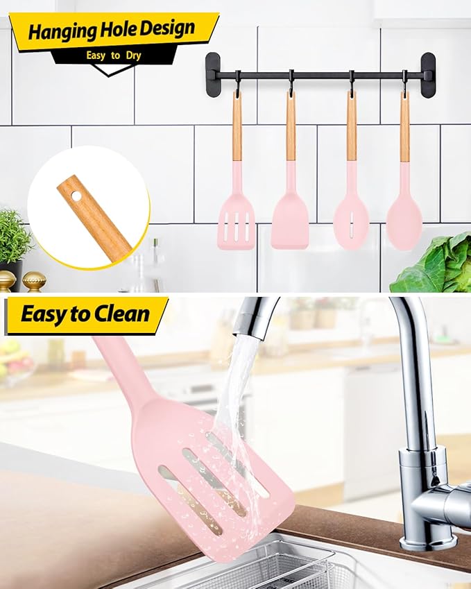 Pack of 4 Silicone Cooking Utensils Set, Non Stick Solid Spatulas and Heat Resistant Slotted Spoons with Wooden Handle, Ideal Wood Kitchen Utensils Set for Frying,Serving,Turning,Stirring (PINK)-Ruum Studio Home