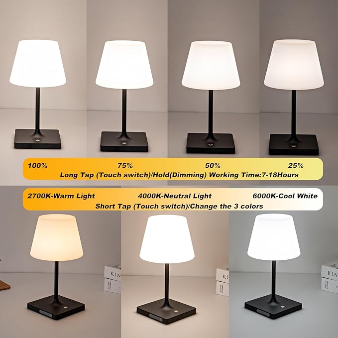 Outdoor Rechargeable Table lamp Cordless, Battery Operated Night Lights,Waterproof lamp for Shower,4000mAh LED 3 Colors Dimmable Touch Bedside Lamp for Coffee Shop Bath Patio -Black-Ruum Studio Home