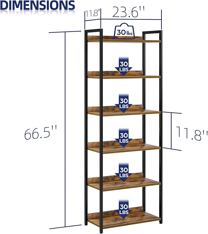 NUMENN Bookshelf, 6 Tier Bookshelves, Home Office Bookcase Shelf Storage Organizer, Free Standing Storage Shelving Unit for Bedroom, Living Room and Home Office, Vintage-Ruum Studio Home