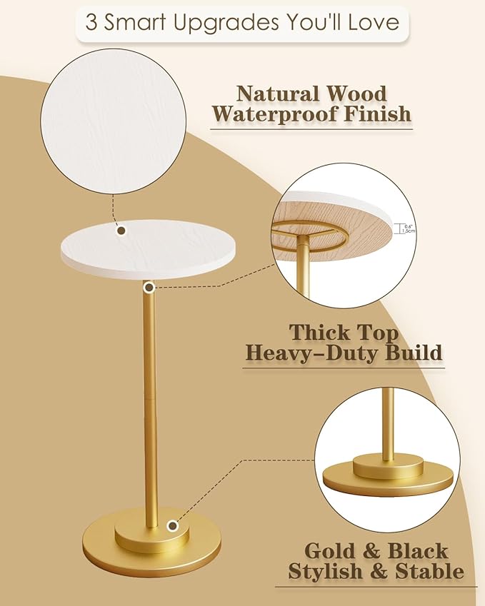 Masupu Drink Table, Round Side Table for Small Spaces, Pedestal Side Table, Small End Table with Metal Base, for Living Room, Bedroom, Bathroom, White Gold-Ruum Studio Home