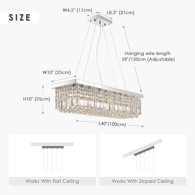 Siljoy Modern Rectangular Crystal Chandeliers 8 Lights Rectangle Raindrop Pendant Ceiling Light Fixture for Kitchen Island Dining Room, Adjustable Height, Polished Chrome Finish, L40 x W10 x H10-Ruum Studio Home