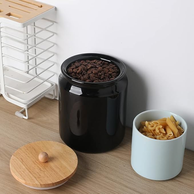 Sweejar Ceramic Kitchen Canisters, 58 FLOZ Porcelain Food Storage Jar with Airtight Seal Wooden Lid, Home Container Serving for Coffee Beans, Tea-leave, Sugar, Salt and More, Tool Bucket (Black)-Ruum Studio Home