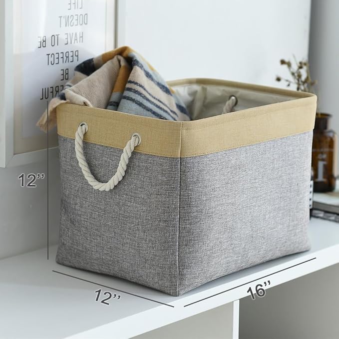 TheWarmHome Storage Basket for Organizing - Fabric Large Cubes 3 Pack 16x12x12 inch Baskets, Cube Storage Bin for Shelves Organizer Closet Cloth Gift Toy (Gold & Grey)-Ruum Studio Home