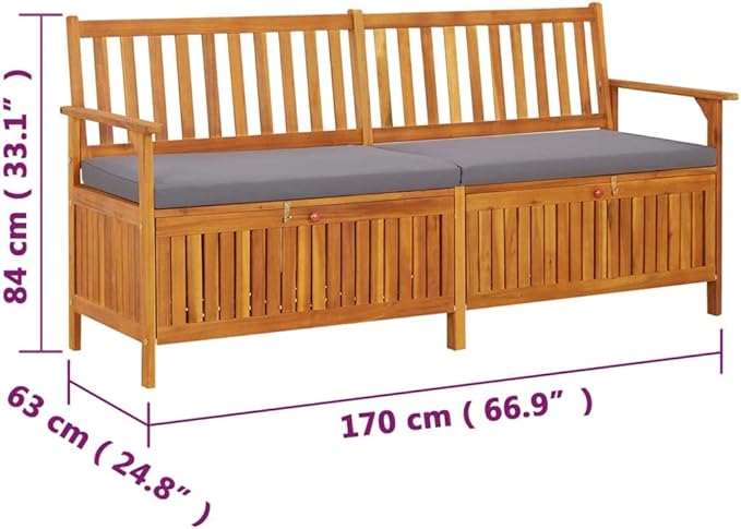 vidaXL Acacia Wood Outdoor Storage Bench Deck Box with Cushion - Solid Wood Patio Furniture, Brown/Dark Gray, 66.9"x24.8"x33.1"-Ruum Studio Home