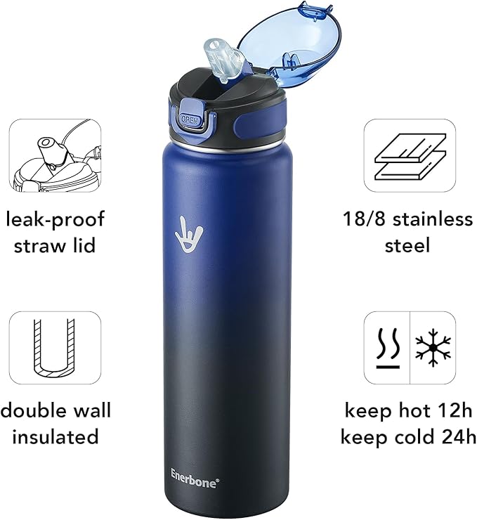Enerbone 32 oz Insulated Water Bottle, Stainless Steel Bottle with Carrying Strap, Double-Wall Vacuum Insulation Design, Leakproof Sports Bottle with Straw, Keep Drinks Cold or Hot for Hours-Ruum Studio Home