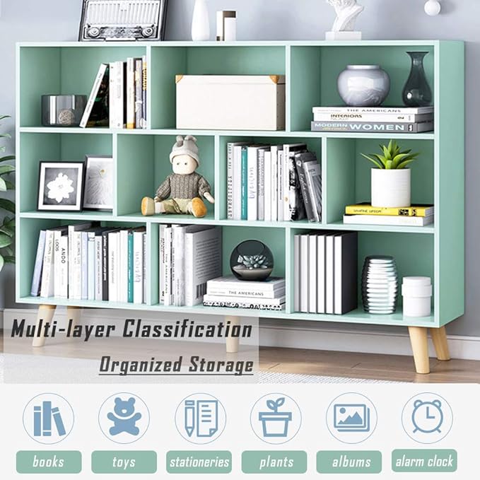 IOTXY Wooden Open Shelf Bookcase - 3-Tier Floor Standing Display Cabinet Rack with Legs, 10 Cubes Kids Bookshelf, Tiffany-Green-Ruum Studio Home