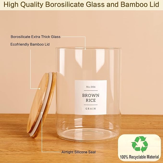3 Pcs Glass Canisters with Airtight Bamboo Lids and 42 Kitchen Pantry Labels Preprinted - Clear Glass Flour and Sugar Storage Container Set - Large Glass Jars with Wood Lids(100 OZ/54 OZ/27 OZ)-Ruum Studio Home