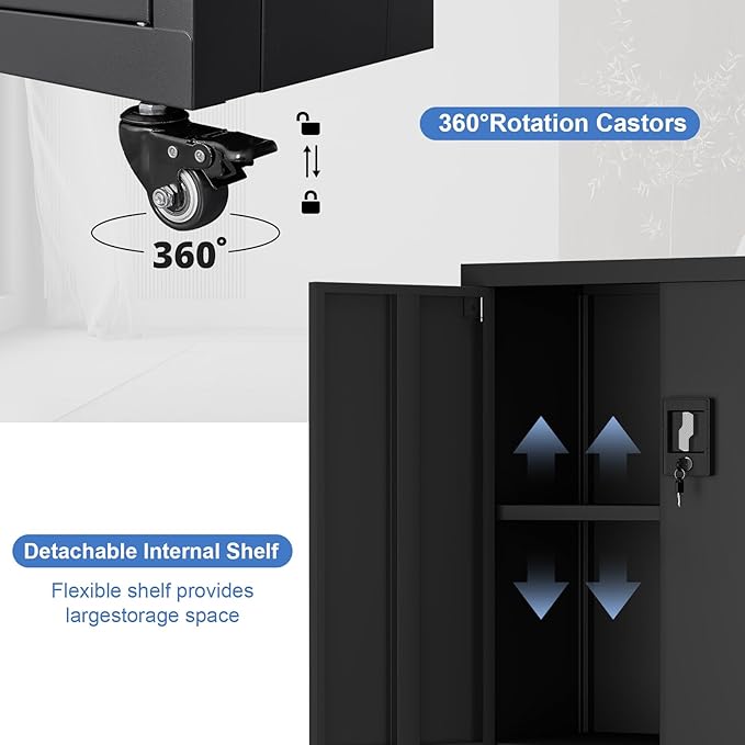 Metal Storage Cabinet with Wheels,Lockable Steel Rolling Storage Cabinet with 2 Doors for Garage,Home Office,Assembly Required,Black-Ruum Studio Home