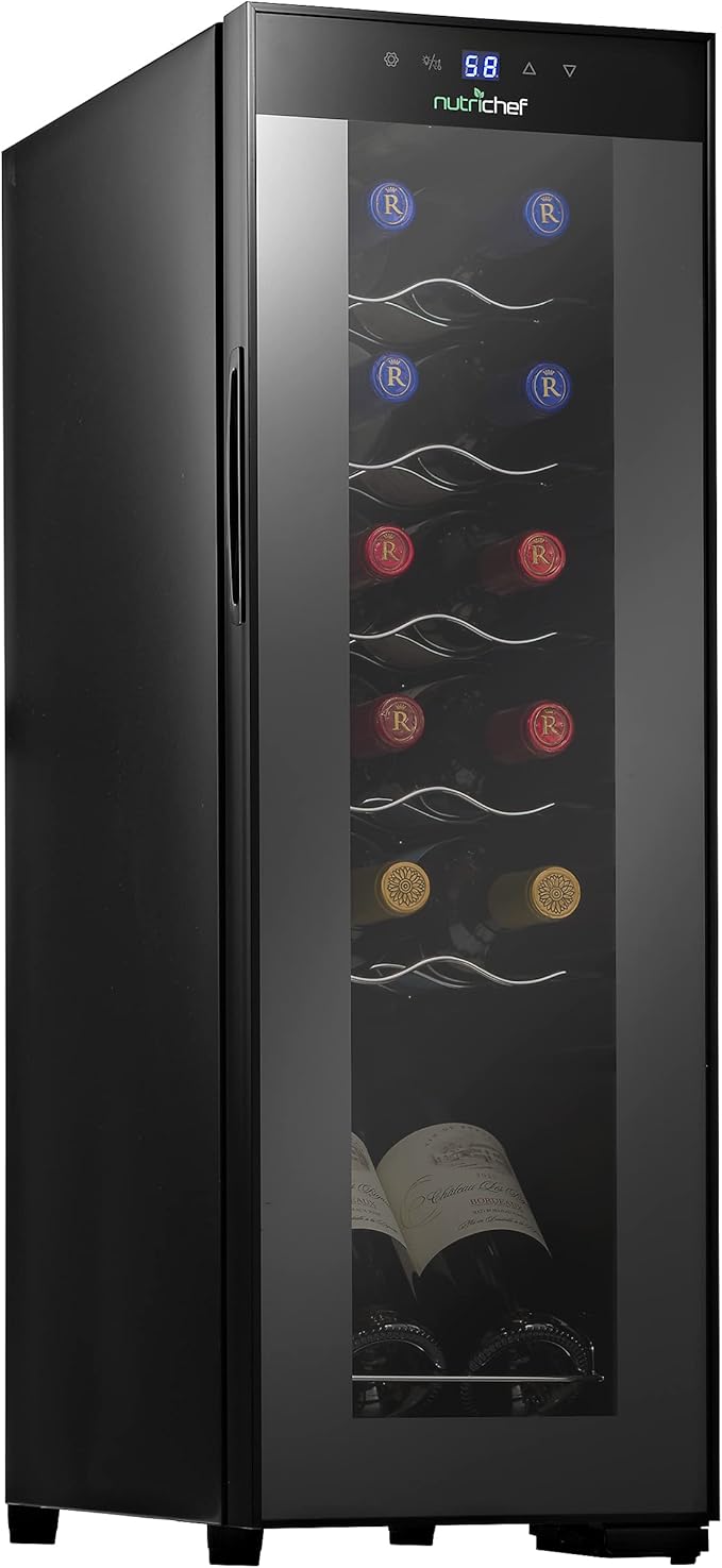NutriChef PKCWC120 White & Red Cooler-Freestanding Countertop Compact Mini Wine Fridge Chiller Capacity, Digital Control, Glass Door, 12 Bottle-Black-Ruum Studio Home