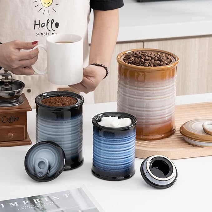 Nihow Food Storage Jar Sets: Ceramic Container with Air Tight Lid for Flour/Sugar/Rice/Coffee/Cookies/Candy - Seal Damp-proof Canister for The Kitchen - Set of 3 （Blue & Black）-Ruum Studio Home