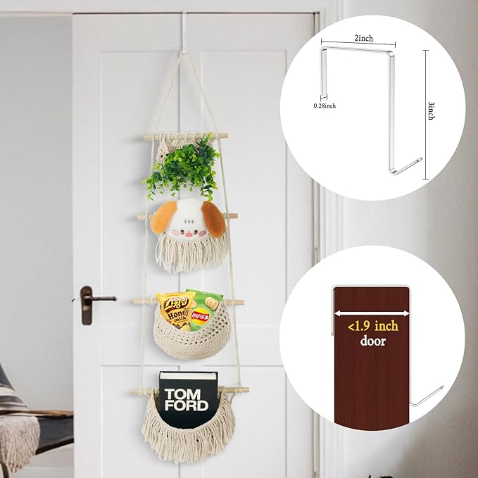 4 Tier Hanging Fruit Basket for Kitchen, Beige Boho Cotton Rope Crocheted Fruit Holder for Bathroom Bedroom, Detachable Wall Hanging Basket Shelves Over Door Organizer for Fruits Veggie Plant Decor-Ruum Studio Home