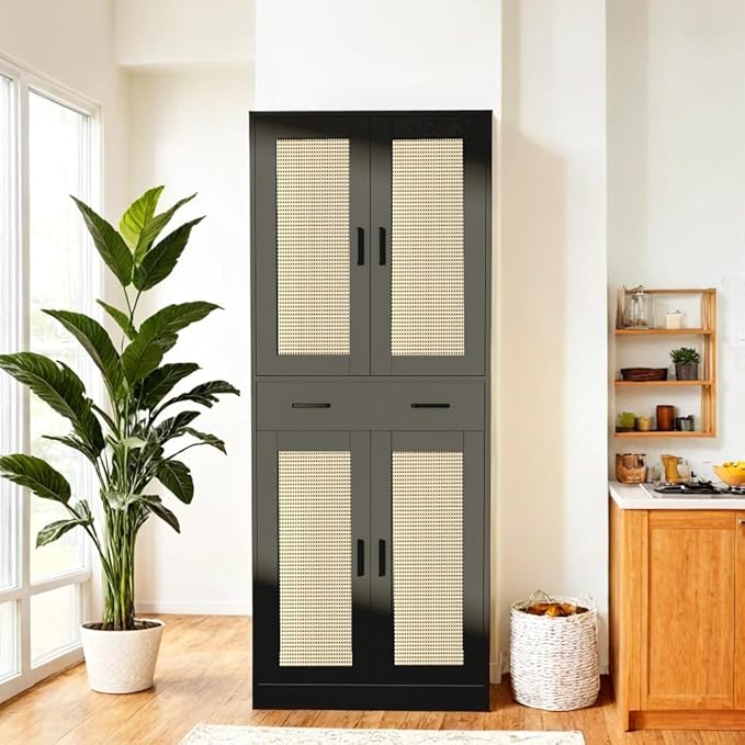 71" Tall Black & Rattan Pantry Cabinet - Boho Chic Kitchen Storage with Doors & Drawer for Dining Room, Hallway or Kitchen Organization-Ruum Studio Home