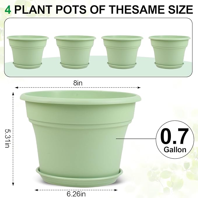 8 Inch Plastic-Flower Pot-for-Indoor Plants, 4 Pack Large Outdoor Planter Pot with Drainage Holes & Saucers, Resin Decorative Garden Pots Planters-Ruum Studio Home