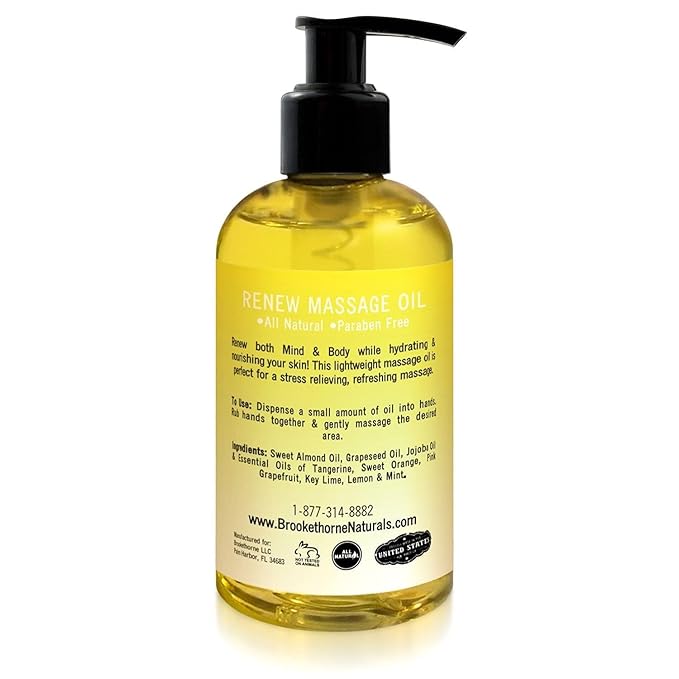 Renew Massage Oil with Orange, Lemon & Peppermint Essential Oils - Great for Massage Therapy or Home use. Ideal for Full Body – with Almond, Grapeseed & Jojoba – by Brookethorne Naturals-Ruum Studio Home