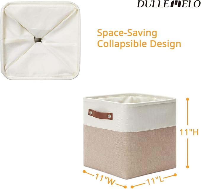 DULLEMELO 11 inch Cube Storage Bins, Large Collapsible Grey Storage Baskets for Square Cubes Organizing, Fabric Boxes Bins for Shelves Nursery Home Office Storage(4 Pack - 11" White&Khaki)-Ruum Studio Home