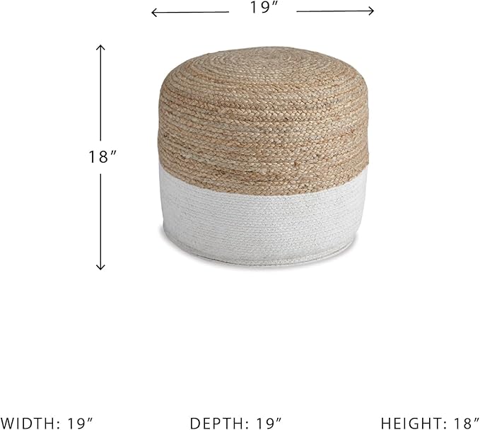 Signature Design by Ashley Sweed Valley Jute & Cotton Pouf, 19 x 19 Inches, Beige & White-Ruum Studio Home