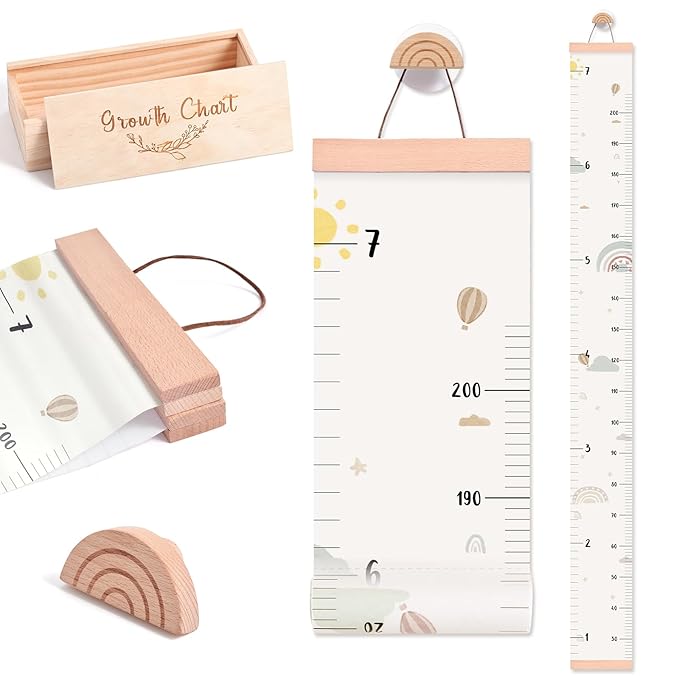 Growth Chart for Wall 7 Ft Height Chart with Keepsake Box & Hook Waterproof Canvas Measure Wall Ruler Removable Neutral Nursery Wall Decor for Baby Kids Toddlers-Ruum Studio Home