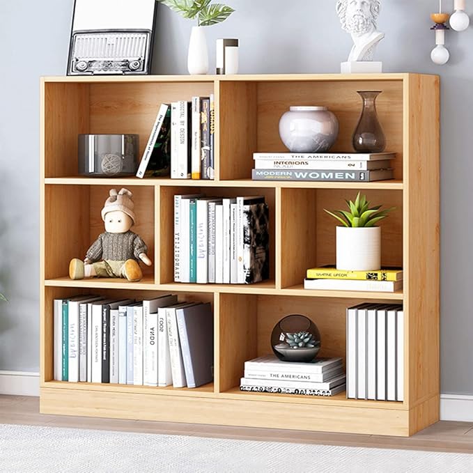 IOTXY Open Shelf Low Bookcase - Wooden 3-Tier Floor Standing Display Cabinet Organizer with Base, 7 Cubes Short Horizontal Bookshelf in Pear Yellow-Ruum Studio Home