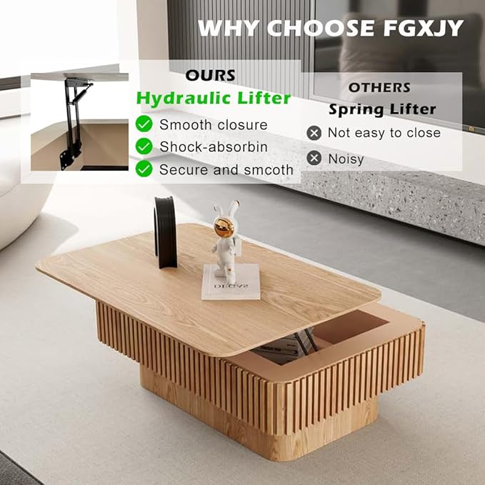 Lift Top Coffee Table with Storage, Solid Wood Coffee Table with Adjustable Height, Fluted Center Table Accent Tea Table for Living Room, Apartment, Office (38.6" Natuall)-Ruum Studio Home