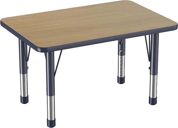 FDP Rectangle (24 x 36 inch) Classroom Table with Adjustable Chunky Toddler Legs (15-24 in); Preschool, Kinder and Daycare Furniture - Pasadena Oak Top/Navy Edge and Legs-Ruum Studio Home