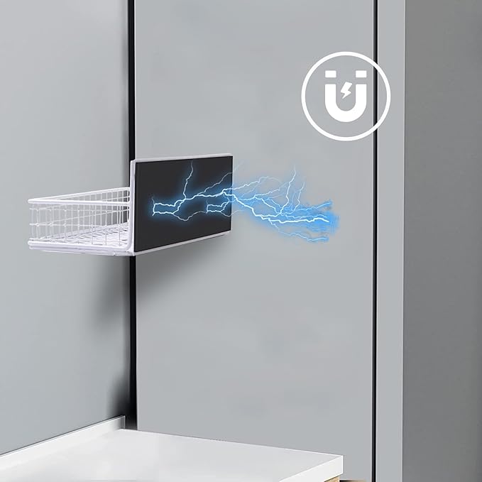 Magnetic Basket, Magnetic Shelf for Fridge, Magnetic Spice Rack for Refrigerator Wire Mesh Magnetic Organizer Holder Accessories for Office Kitchen Classroom Storage,White, 9.44" x 4" x 1.77"-Ruum Studio Home